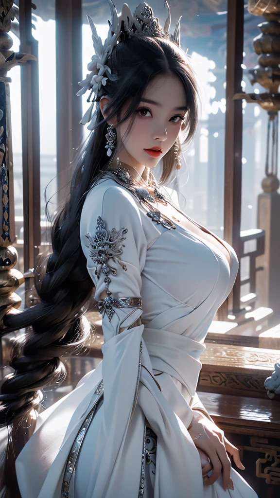 best quality,masterpiece,Ultra-high resolution,photoactual:4：0,Snow,A hot oriental woman,Crystal clear white long flowing hair,White dragon scale head style,Big breasts,thin waist,Bright white dragon scale robe,sideways,Above the waist,Close up