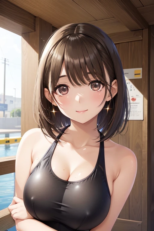 anegasaki nene、Shiny brown hair, short hair, (Beautiful brown eyes、Sparkling eyes, Fine grain)、smile、Ultra-detailed eyes、Highly detailed face, Highly detailed eyes,



(((Browsing Caution))), One girl in anime swimsuit 