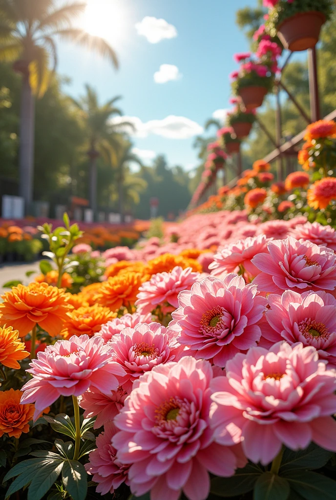 there are many Pink Flower in a pot on the ground, Flowers in the flowerbed, Pink orange flowers, An explosion of colors, Pink Flower, Flowers Bloom, Pink and yellow flowers, Beautiful flowers are blooming, Brightly colored flowers, Red and magenta flowers, More and more flowers, Blooming Flowers, Colorful flowers, Breathtaking details, Spotted Flower, Beautiful flowers, Partly sunny