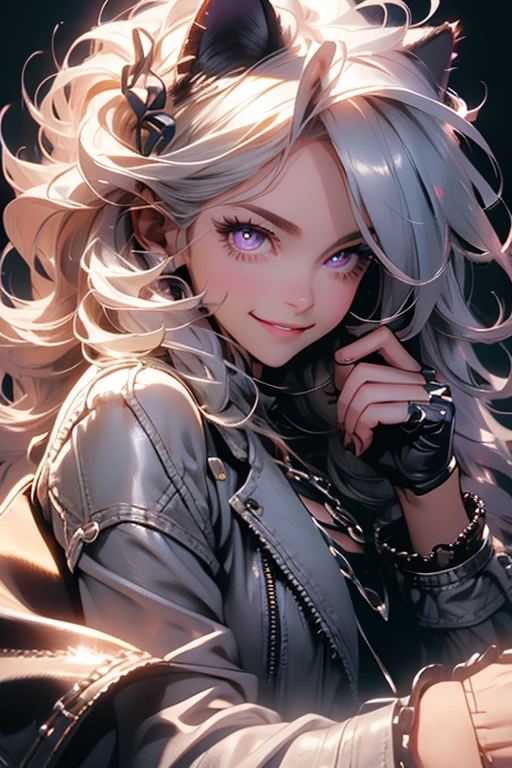 Perfect face. Perfect hands. A young silver haired woman with violet eyes and silver cat ears and a fluffy cat tail in a frilly leather jacket and jeans is smiling while holding a flashlight in a haunted house.