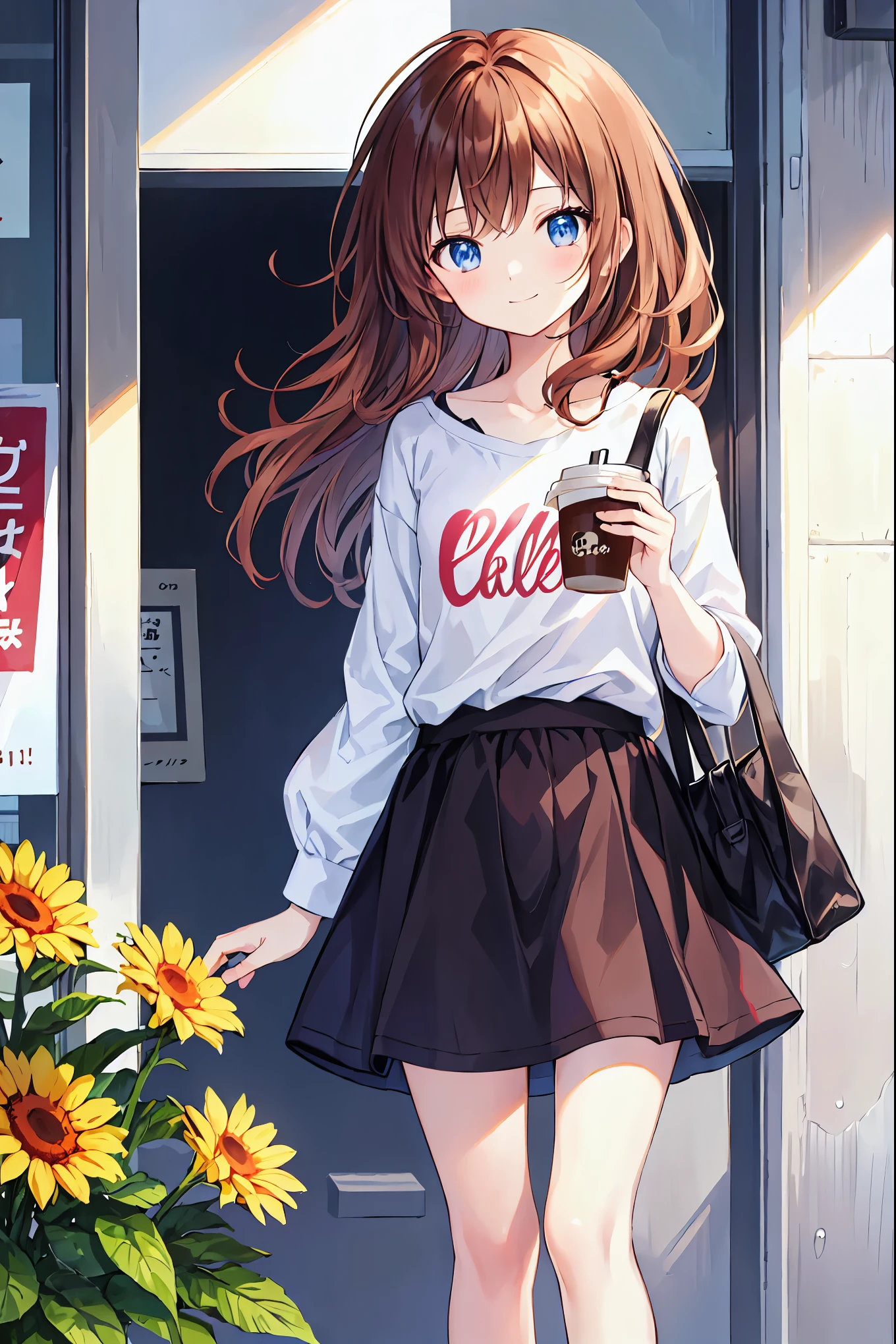 （Cute older sister:1.3）、 smile,early summerの雰囲気、early summer、lunch、coffee shop、Office Casual，Brown Hair，Shortcuts，Messy Hair，Slender beauty，Small chest，Beautiful feet，fun，iced coffee