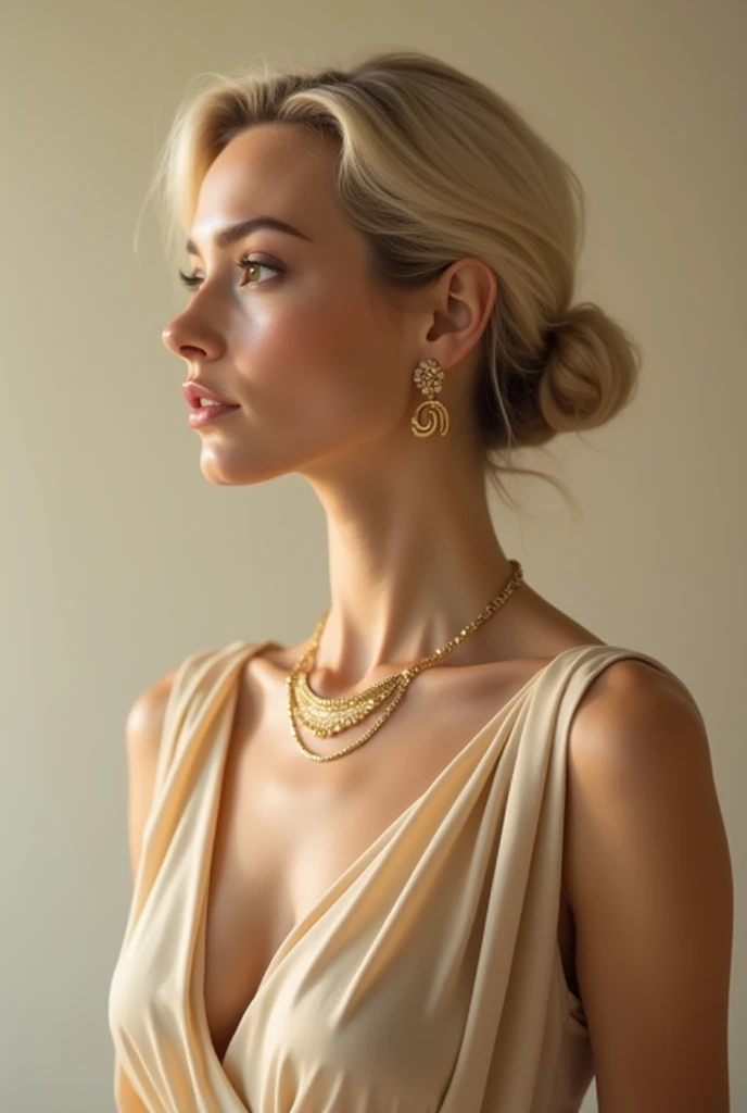 Create the image of an elegant woman, She has light hair and is in profile. She is wearing a beige dress. She has a gold necklace and earrings.