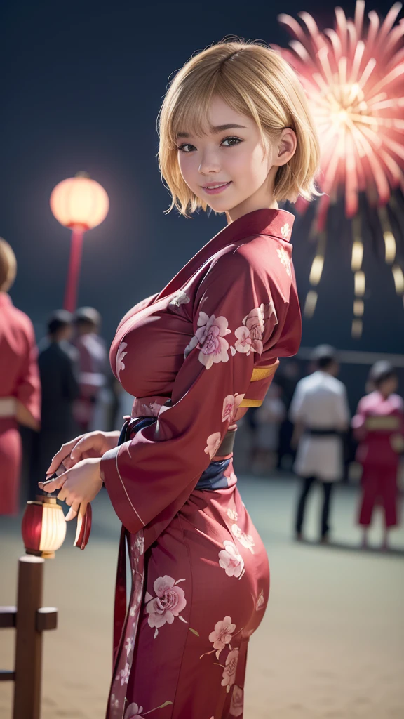 (8k,Ultra-high resolution,Highest quality,masterpiece,Realistic,Ultra-high resolution,High-quality RAW color photos,Professional photos,Realistic,Realistic),Natural skin texture,Fine skin,Hyperrealism,Intricate details,Adult women,Eye highlights,Glossy Lips,(Cute smile,Blonde short hair,Blonde Hair),((gigantic breast,Big Breasts)),(((Peony pattern red yukata,geta))),(((Night Sky,Summer festival,firework,crowd)))Warm lighting