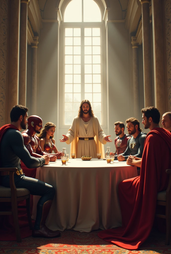 Jesus teaching the Avengers and the Justice League around a table