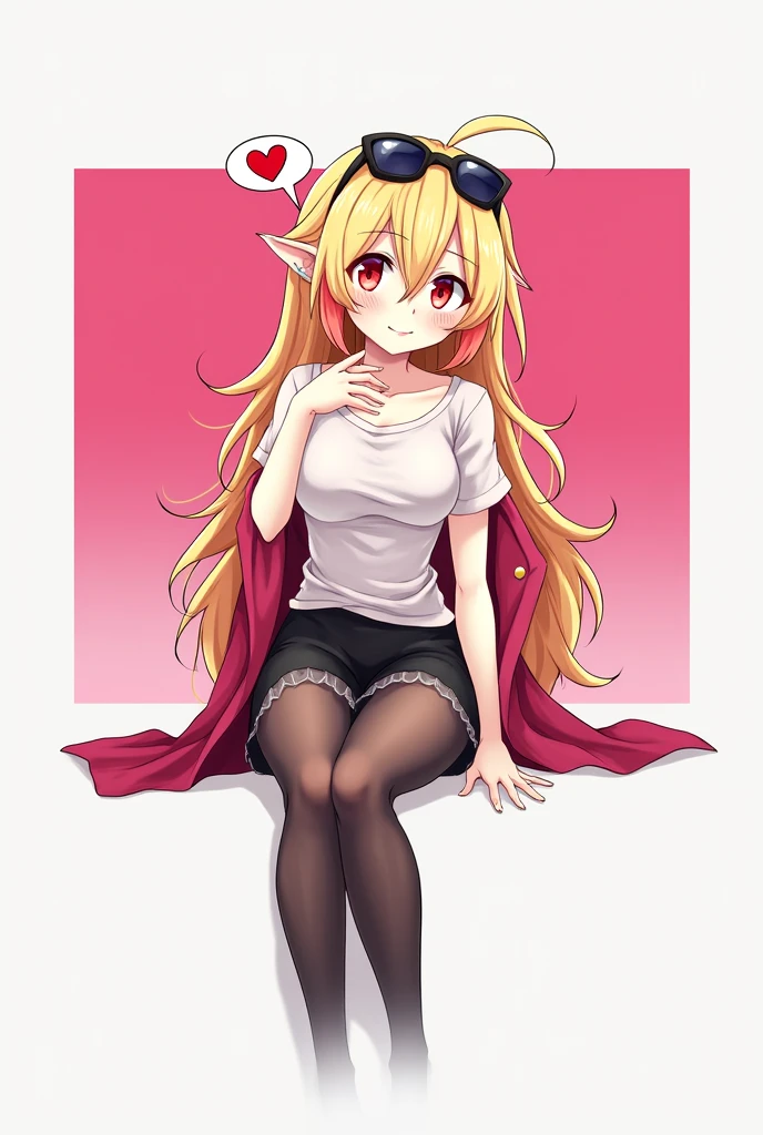 best quality, masterpiece, high resolution, alone, {flandre_scarlet_touhou:1.15}, long blonde hair with red streaks at the tips, big red eyes, small elf ear and a ruby ​​colored earring in her left ear, bangs with a red streak in the middle, sunglasses on her head, one side up, flirtatious smile, blush, smile, white headdress, a light white short-sleeved blouse on the upper part of the body, hair between the eyes, a red coat overlaid between her wrists, bottom a very sexy black skirt, thick thighs, pronounced hips, the girl is slim, blushing cheeks, long straight hair, white skinned girl, 1 girl, looking at the viewer smiling flirtatiously, sexy black skirt, light blouse, short sleeves, simple background, the girl is sitting crossing her left leg flirtatiously, she has black nylon stockings that are a little transparent that reach her knee, white background, white shirt, ruffles, long hair, cleavageless shirt, super tiny tits girl, un globo de texto con un corazón rojo. the girl has not hat.