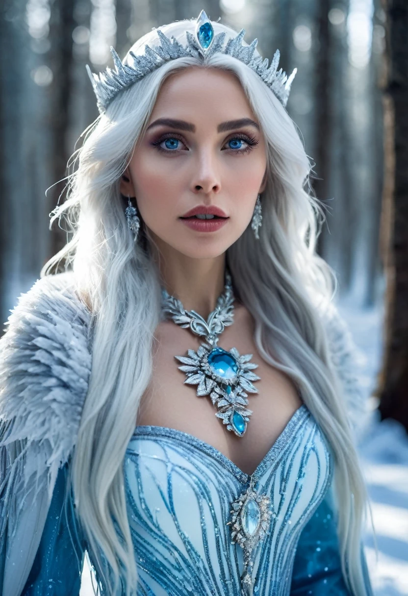 1 woman, Nordic ice goddess drenched in ice jewelry, standing in the middle of blue and sky blue forest (frozen forest), surrounded by serene outfit, long grey hair, ((top full body shot)), ((professional camera, light and shadow, contrast)), ultra realistic cinematic lighting, clean and perfect face, eyes in focus, looking to the right, ((ultra detailed jewelry)), princess face, full head in frame, closed mouth, big lips, big eyes, (bird's eye view shot)