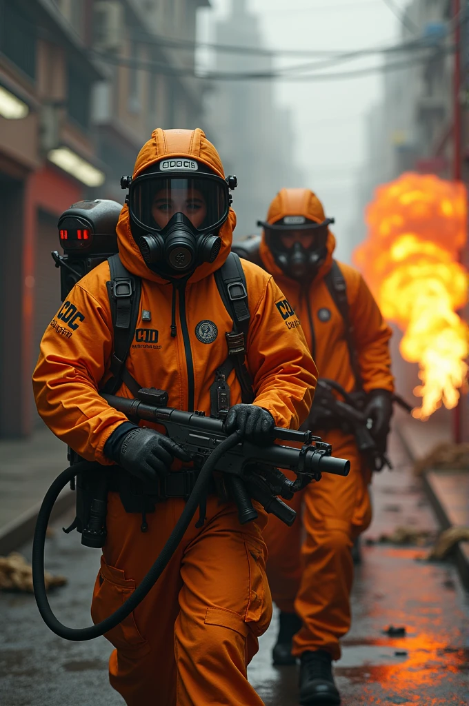 Hazmate cdc with RQA on their shirt, using flamethrower