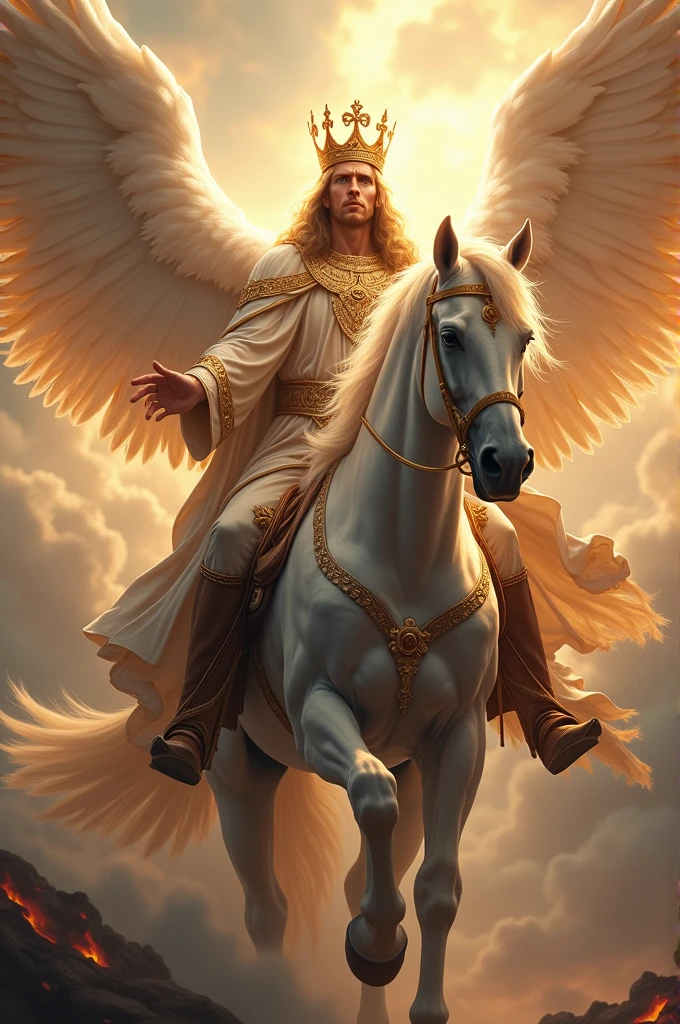 heaven opened, and behold a white horse; and he that sat upon him [was] called Faithful and True, and in righteousness he doth judge and make war.
 His eyes [were] as a flame of fire, and on his head [were] many crowns; and he had a name written, that no man knew, but he himself.
 And he [was] clothed with a vesture dipped in blood: and his name is called The Word of God.