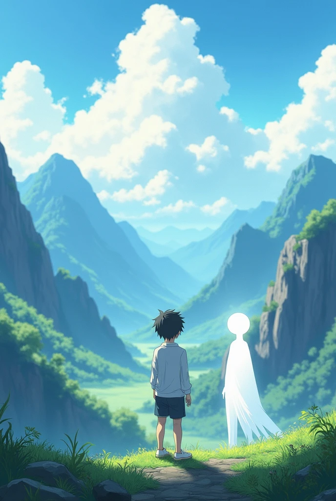 A anime boy which standing in center of mountain in fully peace wearing white shirt and show him from backside. a white entity also standing in side of the character.