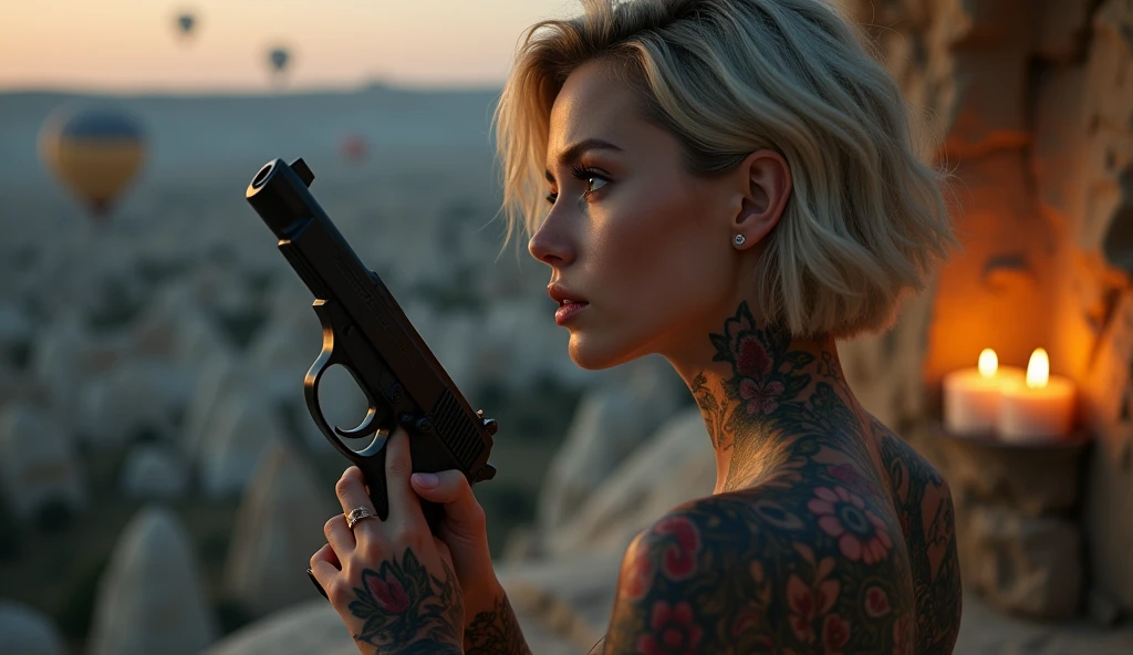 tatuados,Very beautiful big breasts、Very large bust、Gazing into the distance、(Dark Suit)(Holding a pistol),(Back tattoo、Many tattoos on both arms and neck)、 (Cappadocia(Türkiye) - A fantastical landscape of strange rock formations and hot air balloons),Candlelight only,Very detailed, 18-year-old, A beautiful woman,Depressed face, Blonde Hair,Short Wavy Hair, blue eyes, High resolution, masterpiece, Highest quality, Intricate details, Very detailed, Clear focus, Delicate skin, practical skin texture, texture, Delicate eyes, Professional, 8k, Sad face,despair、 Shot with Canon, 85mm, Shallow and deep, Kodak Vision Color, Exactly, Very detailed, photograph_\(Extremist\), photographpractical, practical, Post-processing, Maximum details, Roughness, Real Life, Extremist practical, Photorealism, photographgraphy, 8k ウルトラ HD, photographgraphy