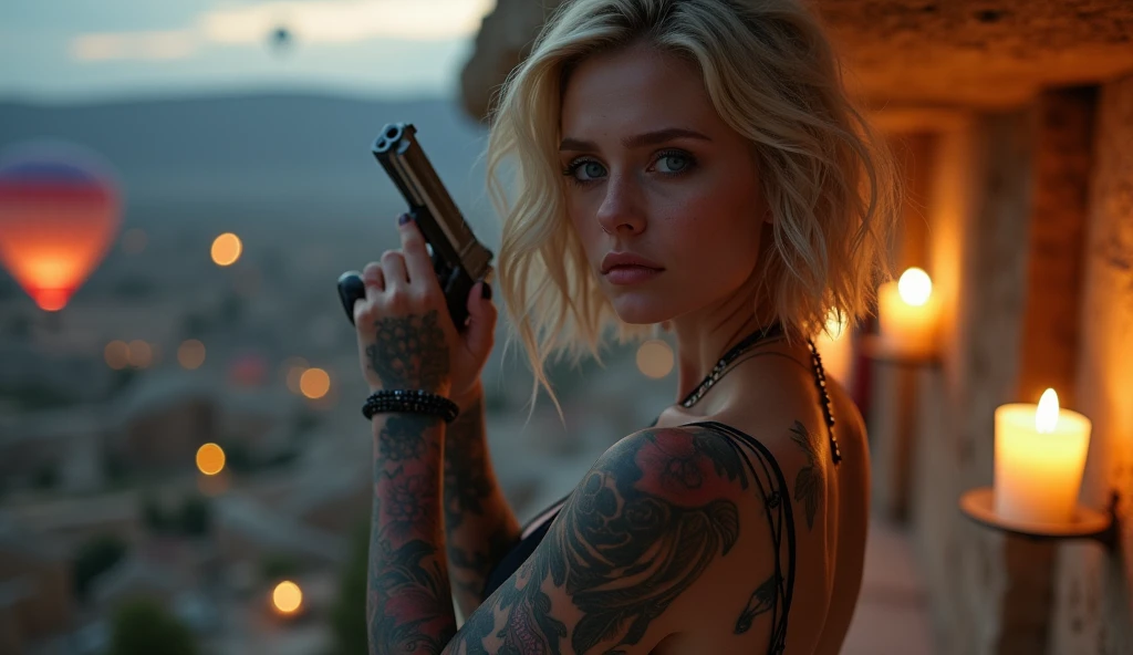 tatuados,Very beautiful big breasts、Very large bust、Gazing into the distance、(Dark Suit)(Holding a pistol),(Back tattoo、Many tattoos on both arms and neck)、 (Cappadocia（Türkiye） - A fantastical landscape of strange rock formations and hot air balloons),Candlelight only,Very detailed, 18-year-old, A beautiful woman,Depressed face, Blonde Hair,Short Wavy Hair, blue eyes, High resolution, masterpiece, Highest quality, Intricate details, Very detailed, Clear focus, Delicate skin, practical skin texture, texture, Delicate eyes, Professional, 8k, Sad face,despair、 Shot with Canon, 85mm, Shallow and deep, Kodak Vision Color, Exactly, Very detailed, photograph_\(Extremist\), photographpractical, practical, Post-processing, Maximum details, Roughness, Real Life, Extremist practical, Photorealism, photographgraphy, 8k ウルトラ HD, photographgraphy