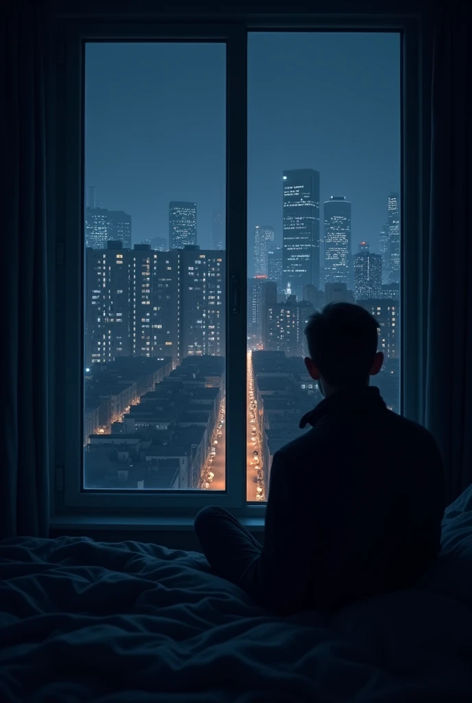 View from an apartment window, looking out onto the windows of other apartments at night
