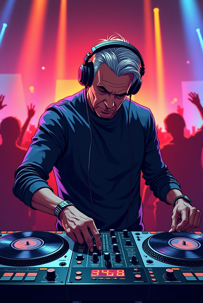 dj, headphones, Techno, turntables, 50 year old man, comic Style, short hairs, Dancer,