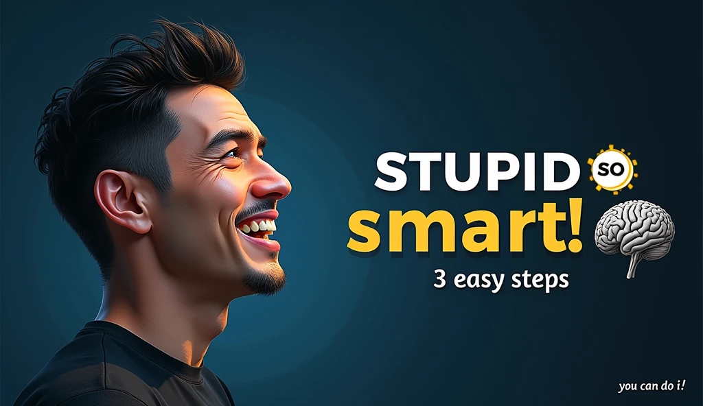 Photorealism:1.2) *text Utama bahasa Indonesia**: "Stupid So Smart!"
- **Subtitle**: "3 Easy Steps"
- Use bold, easy-to-read fonts with contrasting colors., like white or yellow, on a darker background.
Image of a man with a facial expression that shows confusion changing to confidence or smile (like the illustration of transformation)
Brain icon, place in a corner to reinforce the message of intellectual enhancement.
Use a contrasting background color such as dark blue or black to give a dramatic effect..
white or yellow color for text for easy reading.
text "You can do it!" placed at the bottom or in the corner,
strong facial expression,lelaki, who is surprised or feels enlightened,