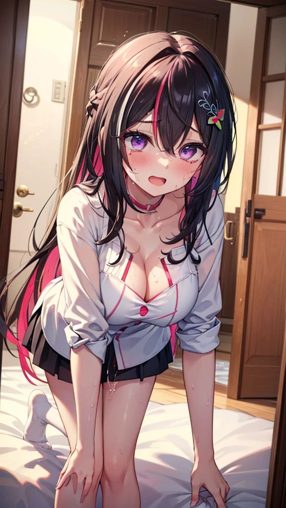 (Highest quality:1.2), (Very detailed:1.2),(masterpiece:1.2),(8k:1.2),(Blessed,Captivating body、Very thin needles、Very beautiful eyes、Very detailedな肌、Very detailed顔,Detailed Background),(see through large shirts,cleavage, collarbone, large breasts,:1.4),(bottom lesss:1.5),
Break
standing,(bed room ,door, doorway, indoors, leaning forward, opening door, smile ,open mouth:1.3),
,nsfw,(ecstasy:1.3) ,(slut:1.2),(vulgarity:1.3),(fucked silly:1.1),(steam:1.1),(Wet:0.9),(trembling:1.5),(tears:0.9) (sweat:1.4),(election of nipples:1.1),vivid nipple, (bare pussy:1.3),
,(pussy cutout:1.3),(open vagina, vivid pussy, high quality vagina),(love juice:1.4),
,wince, (orgasm:1.5),(panicking:1.4), azki_(hololive), 1girl, 独奏, multicolored hair, pink hair, purple eyes, black hair,hair between eyes, jewelry, x hair ornament,very long hair, streaked hair, hairclip, large breasts