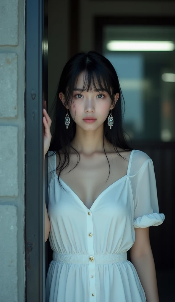 1 woman, black hair, blue pupils, delicate face, cute, love earrings, white dress, standing at the door of the police station, playful, ultra hd, masterpiece, best quality, super detail, ccurate