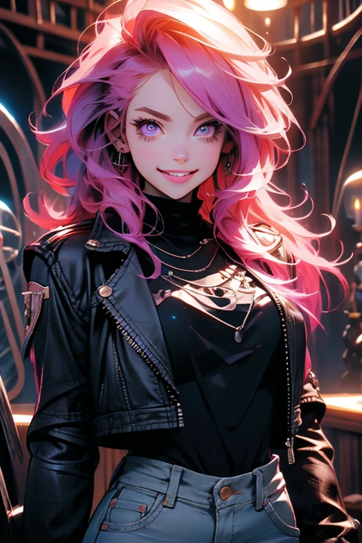 Perfect face. Perfect hands. A pink haired woman with violet eyes and an hourglass figure in a leather jacket and jeans is smiling while holding a flashlight in a haunted house.