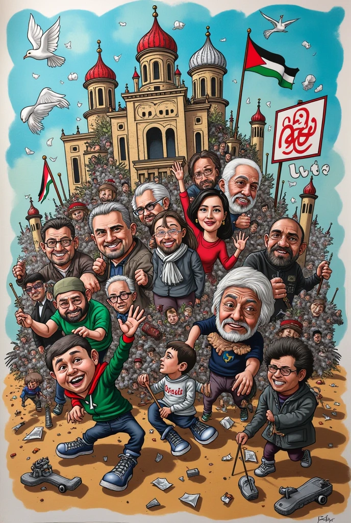 You need to act like a tenth grade student and you have to make a drawing that represents what is currently happening and what you interpret in the conflict between Palestine and Israel., that it is very creative and cartoonish that you have a lot of variety and creativity try to make it more like chaotic