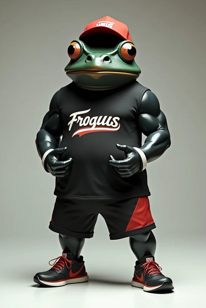 Humanoid black frog with athletic body, meme type, wearing cap, Froggus t-shirt, shorts and sneakers, uncuffing his hands