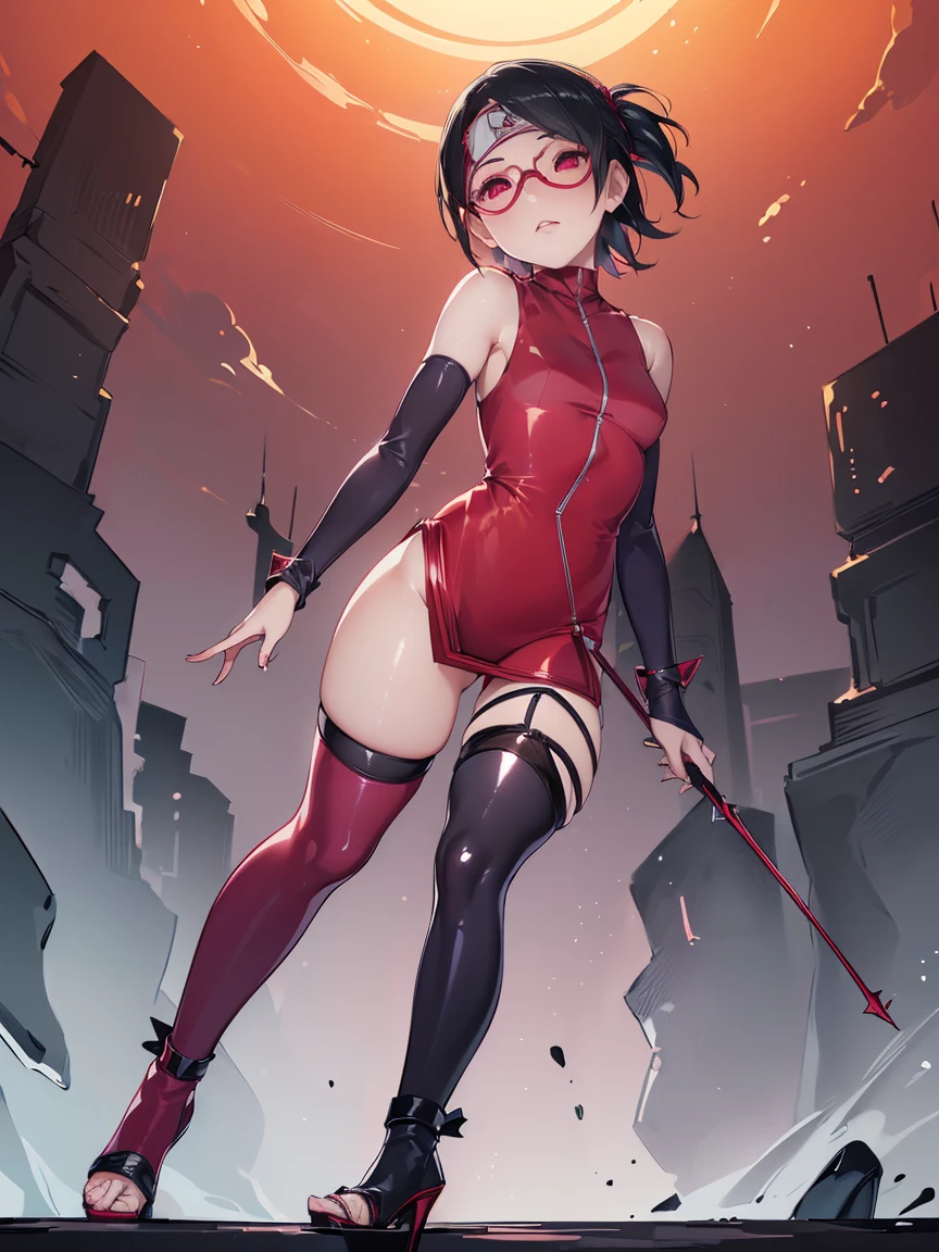 ((Top quality)), ((Masterpiece)), ((best quality:1.2,)) (((Sarada Uchiha , 1girl, solo, aroused))), full body, ((((bodycon suit, shiny Thigh high stocking, high heels))))