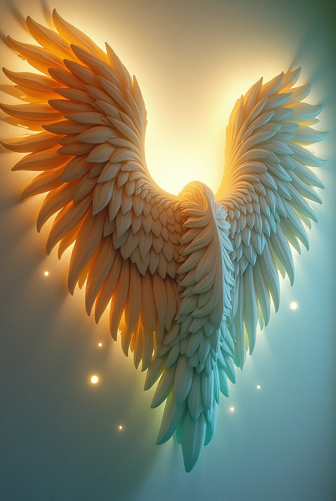 Create an image of angel wings on a mural with the following colors: yellow, a pretty green, a pretty brown, a pretty red, turquoise and so on, and white, that is, the colors do not go in the background but for the wings..