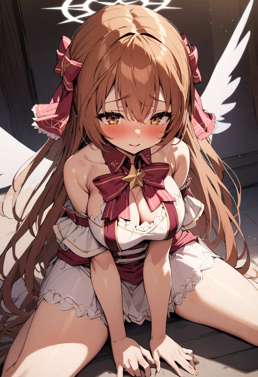 masterpiece, best quality, extremely detailed, good anatomy, parted lips, shy, smile, embarrassing, looking at viewer, beautiful girl, brown eyes, brown hair, long hair, large breasts, see-through angel wings, halo, hair ornament ribbon, sitting, masturbation with dildo,