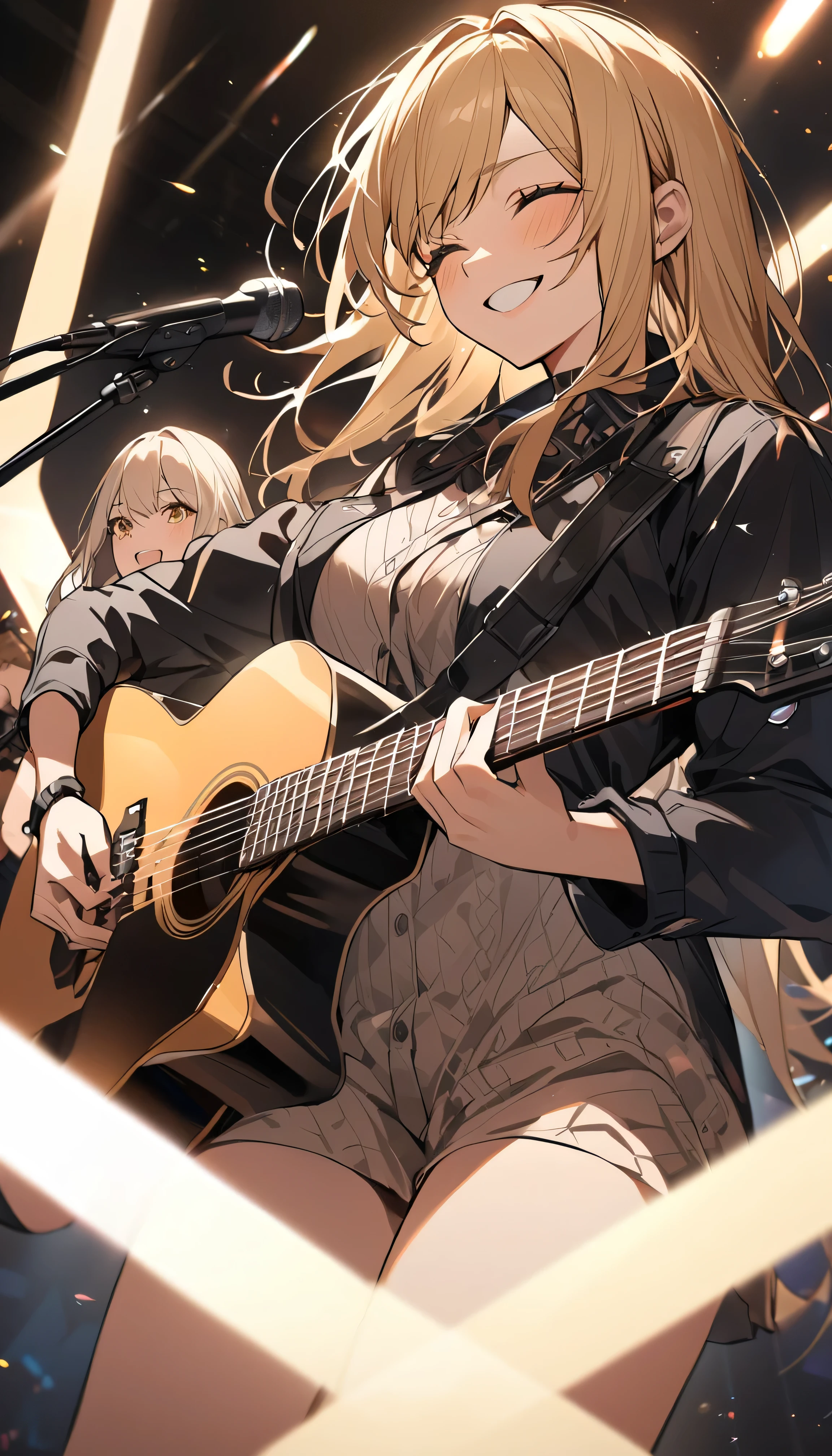 Highest quality,Two Women,Playing guitar,Light section,Detailed guitar,Black and blonde hair,Singing with a smile