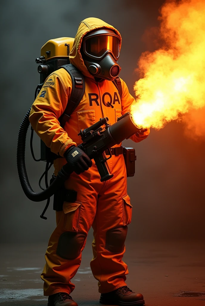 Hazmate cdc with RQA written on their shirt, using flamethrower 