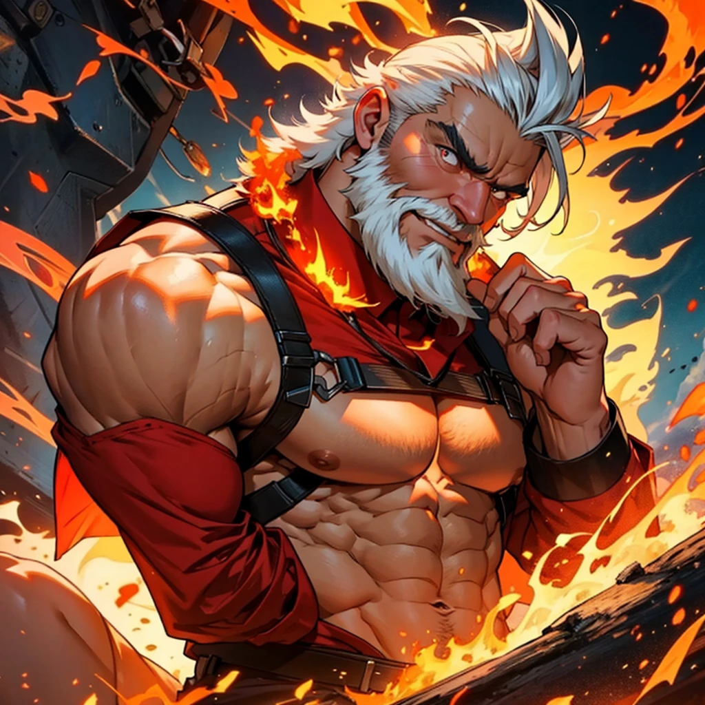 Daddy have superpower,fire power,big muscle,old men,fire Beard,fire hair