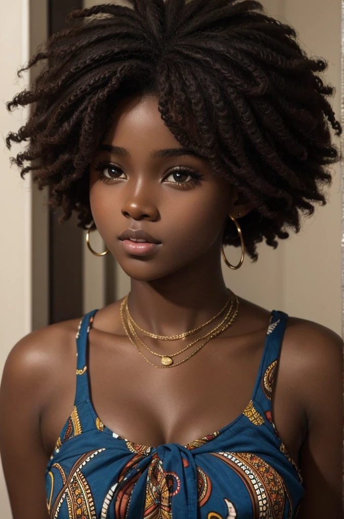 cute hair, chocolate skin, teenager, beautiful face, deep ebony, showing big breasts, SFW, African afro