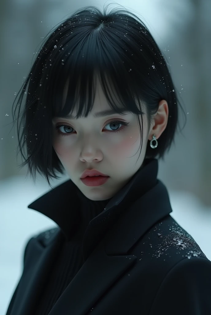 a handsome 25 year old women, short black hair, cold grey eyes, cold expression, arrogant, wealthy, wearing a black suit, detailed face, detailed eyes, detailed nose, detailed lips, intricate details, cinematic lighting, dramatic chiaroscuro, realistic, photorealistic, highly detailed, 8k, sharp focus, masterpiece, studio lighting, physically-based rendering, winter, jujitsu kaisen