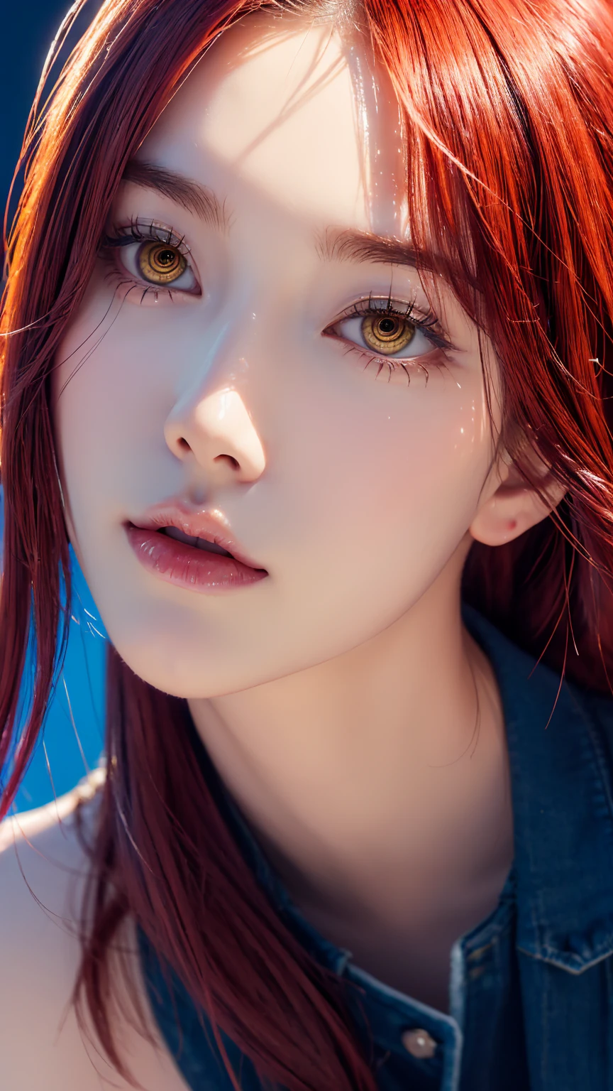 cleavage,masterpiece, best quality, (extremely detailed CG unity 8k wallpaper, masterpiece, best quality, ultra-detailed, best shadow), (detailed background), (beautiful detailed face, beautiful detailed eyes), High contrast, (best illumination, an extremely delicate and beautiful),1girl,((colourful paint splashes on transparent background, dulux,)), ((caustic)), dynamic angle,beautiful detailed glow,full body, paint splash on face.  close up of a woman, anime girl with red long hair and blue jeans posing for a picture, realistic anime 3 d style, android 18, seductive anime girl, anime realism style, attractive anime girl,beautiful alluring anime woman, looking like Makima