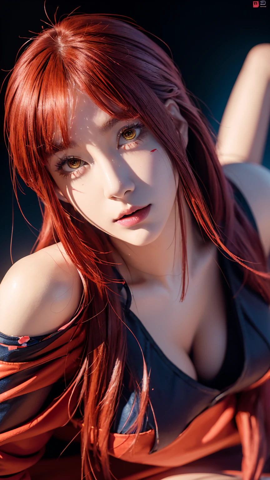 cleavage,masterpiece, best quality, (extremely detailed CG unity 8k wallpaper, masterpiece, best quality, ultra-detailed, best shadow), (detailed background), (beautiful detailed face, beautiful detailed eyes), High contrast, (best illumination, an extremely delicate and beautiful),1girl,((colourful paint splashes on transparent background, dulux,)), ((caustic)), dynamic angle,beautiful detailed glow,full body, paint splash on face. close up of a woman, anime girl with red long hair and blue jeans posing for a picture, realistic anime 3 d style, android 18, seductive anime girl, anime realism style, attractive anime girl,beautiful alluring anime woman, looking like Makima