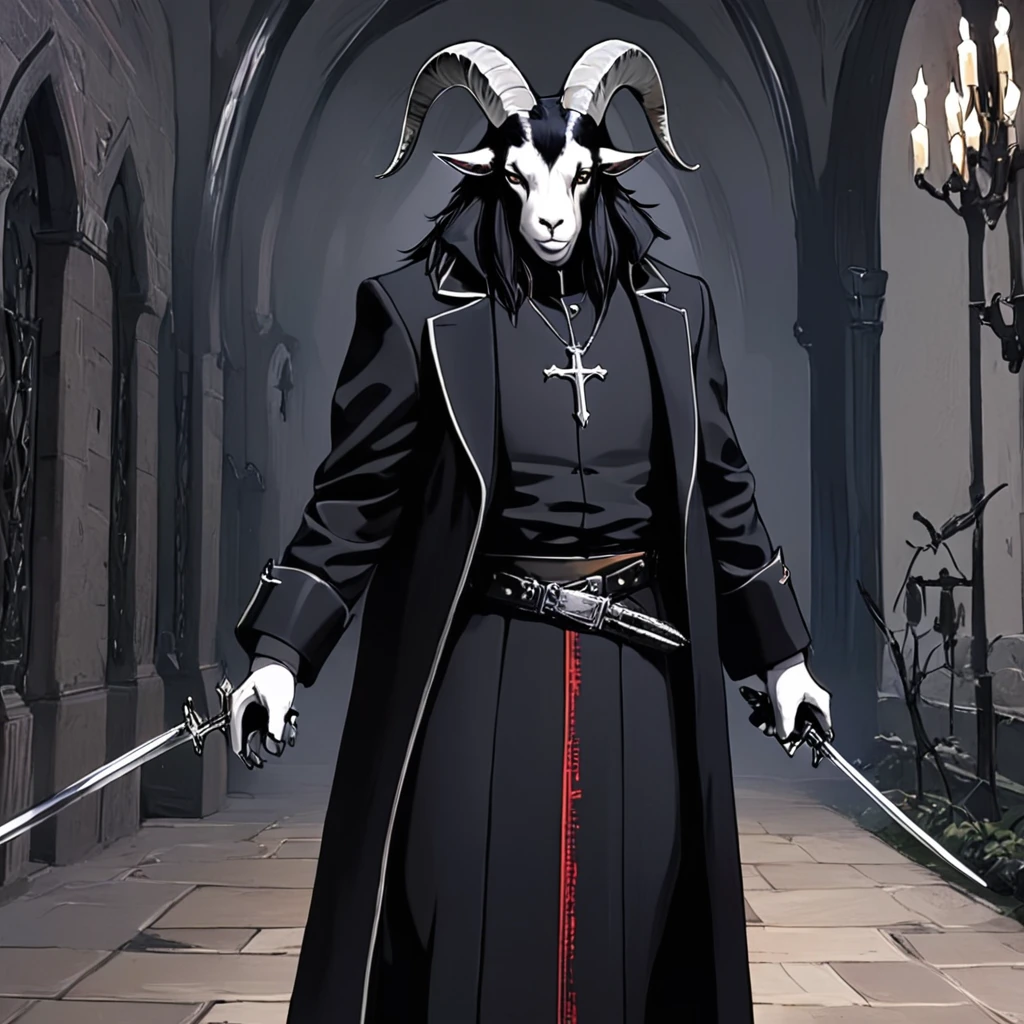 Oc, a male furry goat/sheep,black skin,black wool, skinny man wearing a priest suit/outfit with a crusade sword,black hair,horns,thick, in an 90’s style. He’s androgynous , fullbody, a cold expression.The scene has a Bloodstained/Castlevania/Van Helsing style and a vibrant tone. Lost village setting in the background.