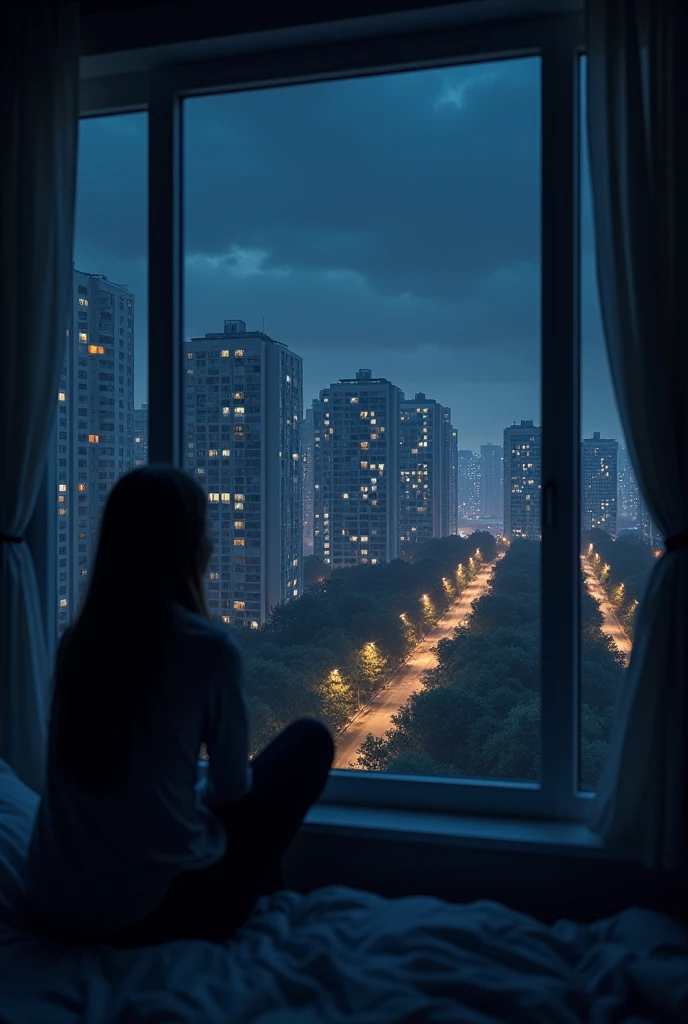 View from an apartment window, looking out onto the windows of other apartments at night
