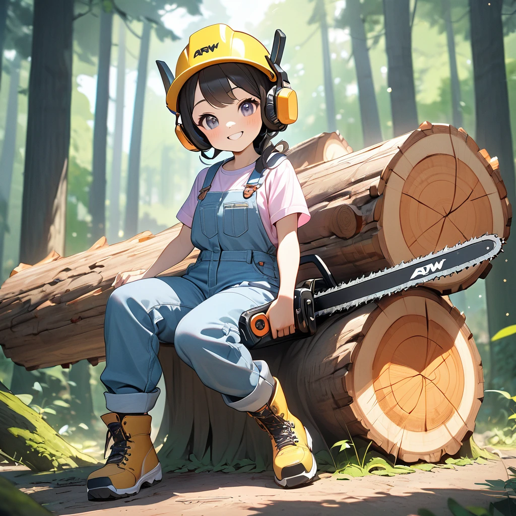 (masterpiece, best quality:1.2), pastel colors, solo, 1 cute girl, denim coveralls and yellow helmet with Ear protectors, holding a Chainsaw, Chainsaw carving using logs, create Chainsaw art, smile, Sitting on a stump with legs apart, in forest, Generated in SFW, ARW