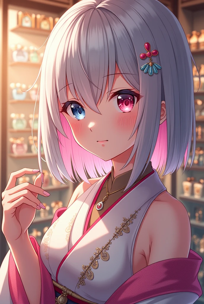 Anime Adult woman 3, shoulder length hair with long bangs, silver color with pink highlights, bicolor eyes, colors right light blue and left pink, friendly smile, japanese clothes, pose checking jewelry, jewelry background.