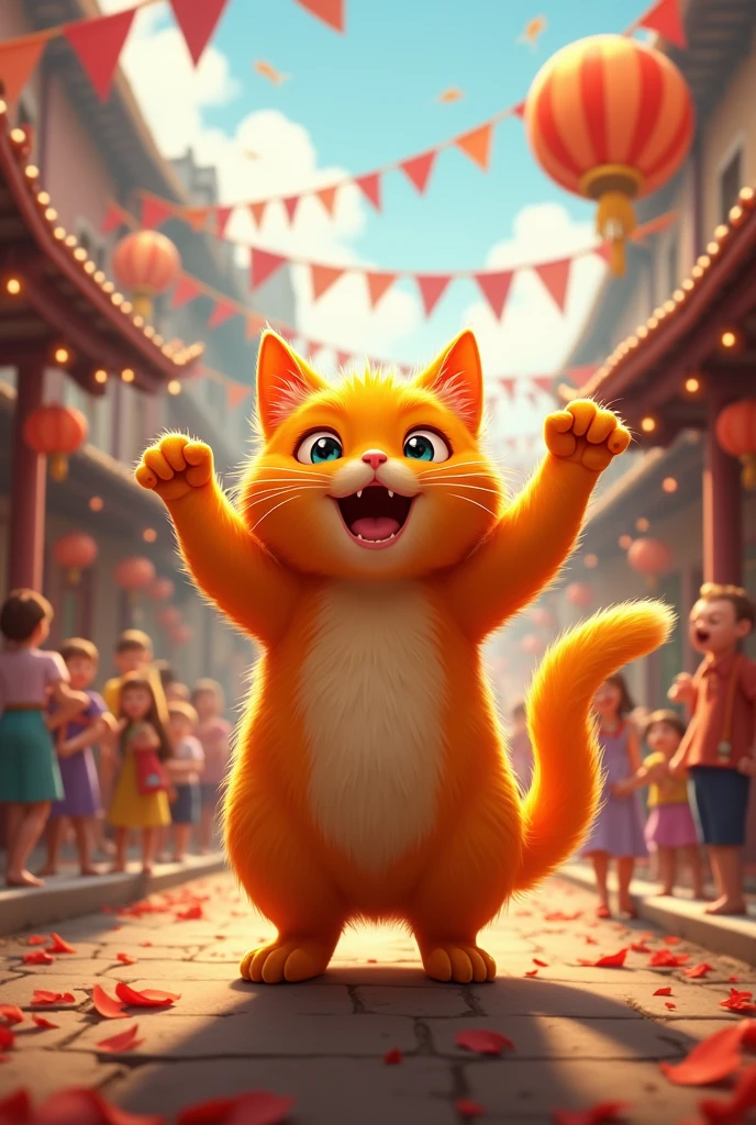 Ek orange cat ek dark force ko harane ke baad, ek celebrations mein hai.
- Ek orange cat ek village mein hai, jahan par ek grand celebration hai.
