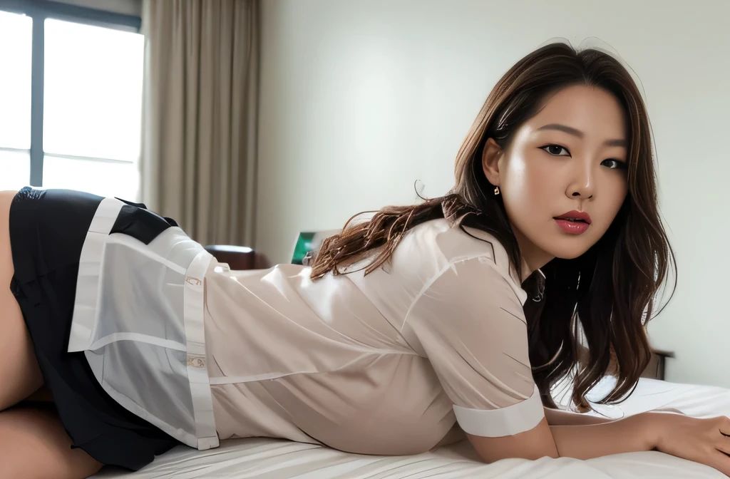 Korean female teacher,Being in a hotel,(Lying on her back in bed:1.2),legs are open,(Being touched by men:1.5),(Being stroked by a man's crotch),seen from the side
(((tmasterpiece))), ((best qualtiy)), ((intricately details)), ((ultra-realistic realism)), Ridiculous res, A MILF, Mature woman, ssee-through, highly detailed, illustratio, 1. Mature women, ((Large breasts)), (areola of breast),perfect hand, detailed finger, Beautiful detailed eyes,Wavy curly hair,with brown eye, name badge, vd, (Teacher's Uniform:1.2), Translucent white shirt,Get wet,(The shirt buttons were unbuttoned,no brassiere,Breasts leaking out of clothing),Black pencil skirt, (Black tights:1.1), 耳Nipple Ring, detailedbackground, Bedrooms, perfect eyes, Seductive eye,Cocked buttocks,Reddened face,(weeping:1.2),(Confused eyes,The mouth opened slightly)