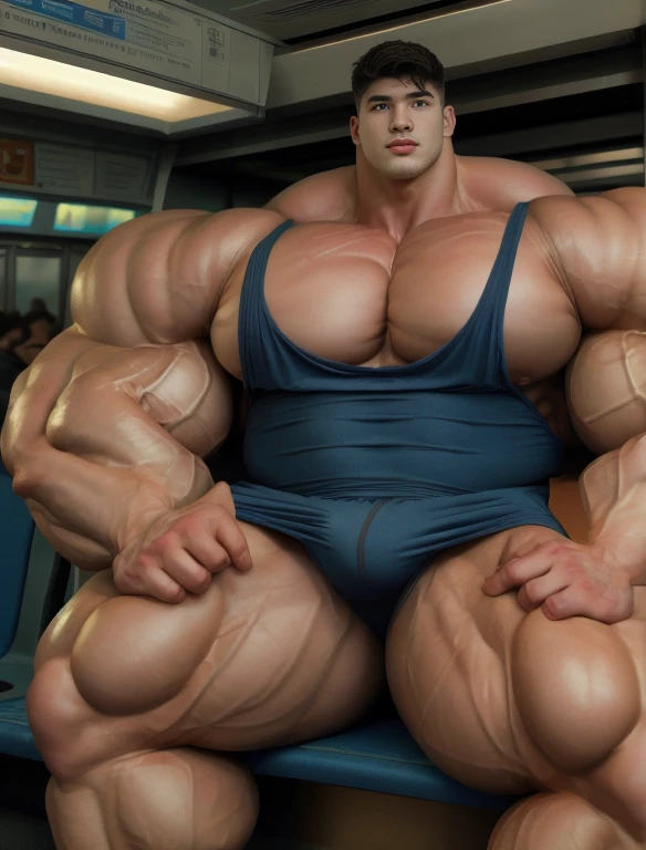 1boy, giant, asian, solo, giant bodybuilder, golden hour, strong body, bulk, large size, seated in any subway car, indoor, nude, blue triangular underwear with enormous bulge, extraordinary big, brutalmass, giant muscular body, bulk, buff, massive body, large meaty body size, extremely wide body,  tallest body