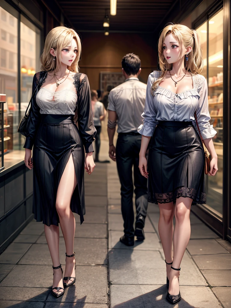 ((Biologically correct limb count))、((Full Body Shot, Full-body photo including face、Head to toe photos))、4K、(masterpiece:1.3)、((Symmetrical facial features))、Eyes of meticulous depiction、beautiful 、Excellent style、((skirt、The neckline is a lace embroidered sheer shirt.、High heels with anklets))、Detailed Description、shopping、Married Woman、sex appeal、Alluring、Handbags、Earrings、necklace、profile、Upper body close-up、Looking up、Blonde,(multiple:-1)