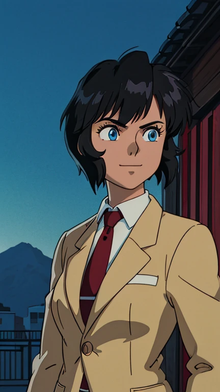 (1girl,
irene vincent,
1girl,short hair,black hair,bangs,sidelocks,blue eyes,looking at viewer,dark skin,
breasts,collared shirt,white shirt,red necktie,brown jacket,long sleeves,open jacket,
light smile,), (extremely detailed CG unit 8k wallpaper),(master part), (best quality), (ultra detali), (best illustration),(ghibli style), symmetrical composition, cowboy shot, (Sharp eyeliner, ombre, detailed eyes:1), night, town, outdoor background, break , upper body, 