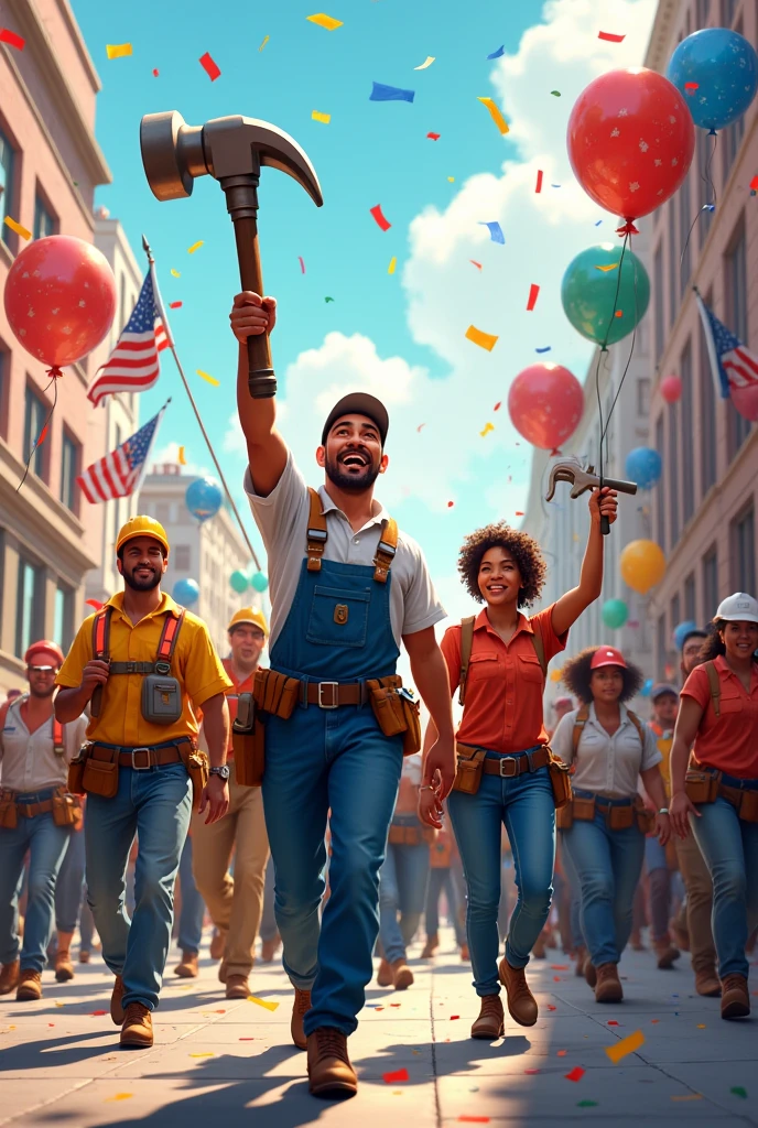 An outdoor parade celebrating Labor Day with workers marching proudly, holding flags and tools, with confetti falling around them and large balloons shaped like tools floating above