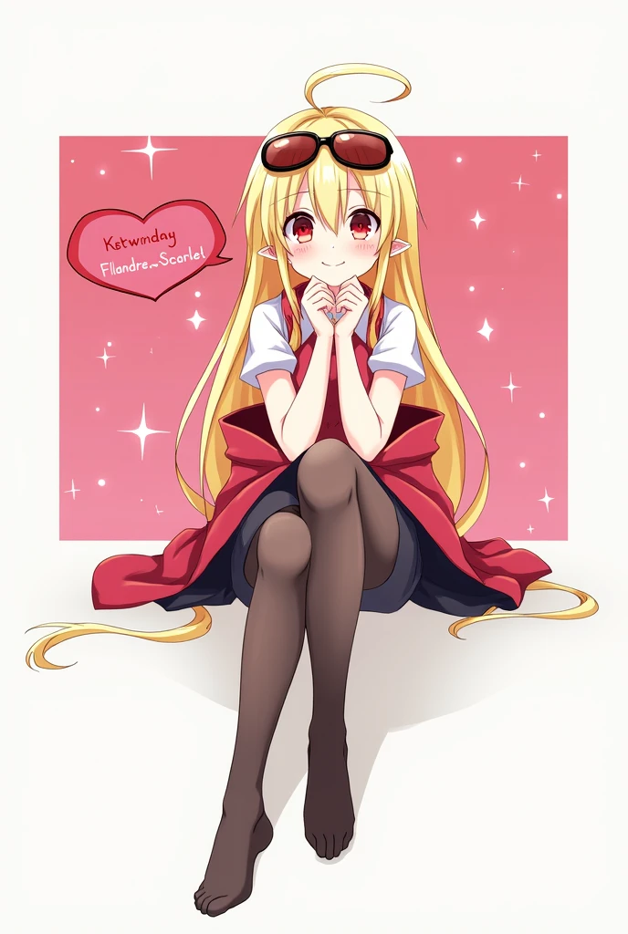 best quality, masterpiece, high resolution, alone, {flandre_scarlet_touhou:1.15}, long blonde hair with red streaks at the tips, big red eyes, small elf ear and a ruby colored earring in her left ear, bangs with a red streak in the middle, sunglasses on her head, one side up, flirtatious smile, blush, smile, white headdress, a light white short-sleeved blouse on the upper part of the body, hair between the eyes, a red coat overlaid between her wrists, bottom a very sexy black skirt, thick thighs, pronounced hips, the girl is slim, blushing cheeks, long straight hair, white skinned girl, 1 girl, looking at the viewer smiling flirtatiously, sexy black skirt, light blouse, short sleeves, simple background, the girl is sitting crossing her left leg flirtatiously, she has black nylon stockings that are a little transparent that reach her knee, white background, white shirt, ruffles, long hair, cleavageless shirt, super tiny tits girl, un globo de texto con un corazón rojo. the girl has not hat, super tiny tits girl.