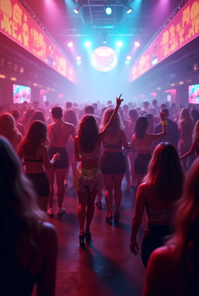 A crowd dancing in a party lights 