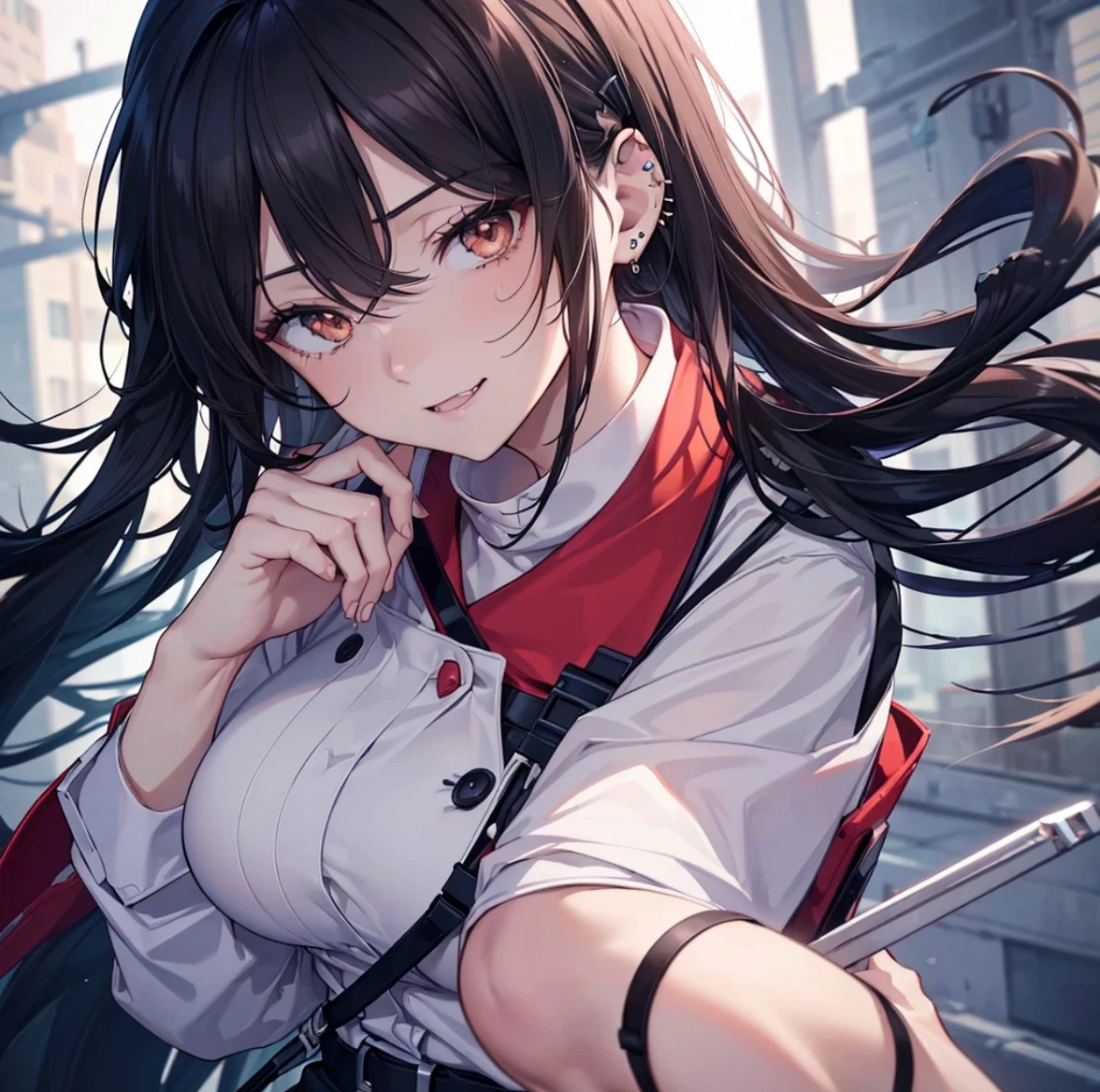 a nurse aide, with long dark hair, piercing gaze, and a stern expression, no cap, full body view, high resolution, detailed, anime-style illustration, beautiful black hair, almond-shaped eyes, brown eyes, looking down with an intense, psychotic demeanor, large breasts, no piercings, smile, Cute fangs(best quality,4k,8k,highres,masterpiece:1.2),ultra-detailed,(realistic,photorealistic,photo-realistic:1.37)