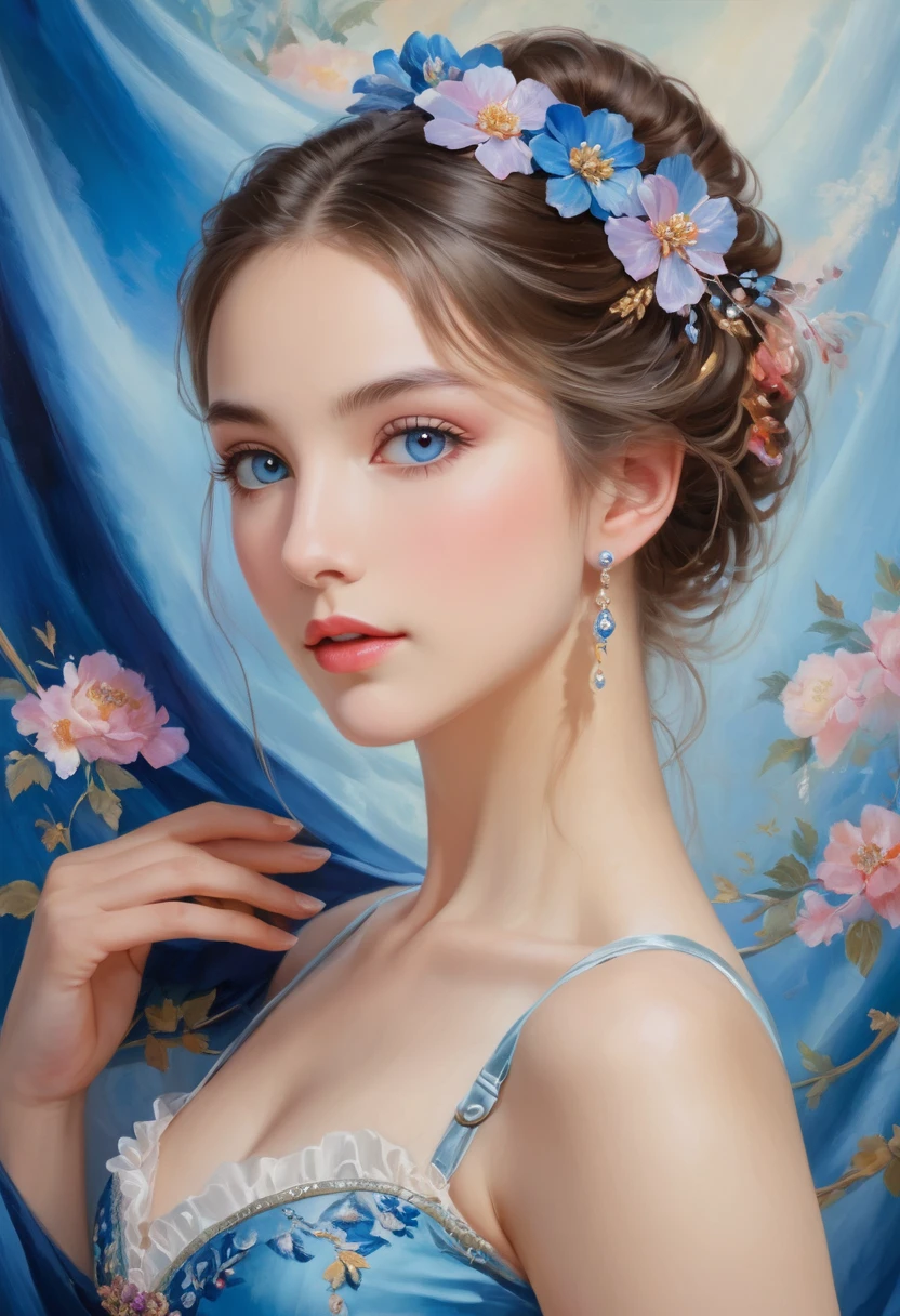 (high resolution,masterpiece:1.2),(Practical:1.37)"(best quality, high resolution, Very detailed, Practical),Beautiful portrait of a 19th century French ballerina, (She is of French and Japanese descent.., She is a beautiful woman,With deep blue eyes and a high nose.:1.1), Exquisite ballet costumes, Detailed facial features, Slender and graceful neck, Flowing hair, Calm and elegant posture, Soft and delicate lighting, Classical oil painting material, Vibrant colors, Delicate background with floral pattern", Dreamy atmosphere, Surrealism,Mysterious atmosphere