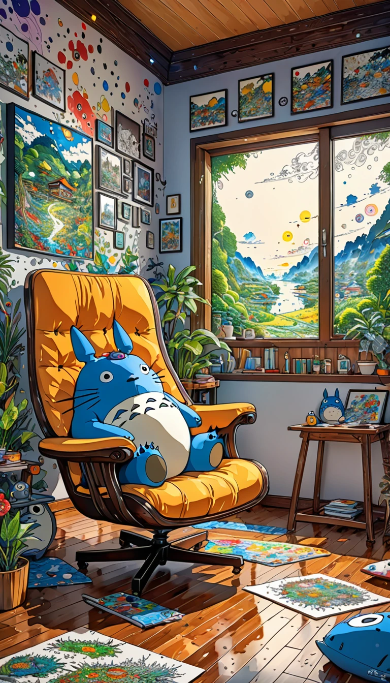 Takashi Murakami Style,(((Totoro))),study,(((Dozing off while sitting on a chair))), 8K Quality,Intense watercolor, Detailed watercolor art, Watercolor splash, Surreal, avant-garde pop art, Beautiful and expressive paintings, Beautiful artwork illustration, Very colorful tones, wonderful, Cool beauty, highest quality,Official Art, Vector art, Stylish design, ((Totoro)),(((dozing off1.9))), (((den1.9))),in the room, (((highest quality))), HDR, ((detailed)), (((Doodle Art)), ((masterpiece)), ((Super detailed)), (((Stylish))),