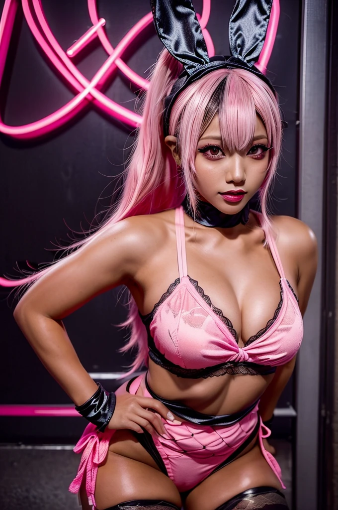 Japanese black gal dressed as a bunny girl, Enamel Bunny Girl Costume, (Wearing fishnet stockings), (Bunny ear headband), (black skin), Heavy makeup, Brown eyes, twin tail hair, pink hair, (In the neon city at night), (((realistic))), (((High resolution)))