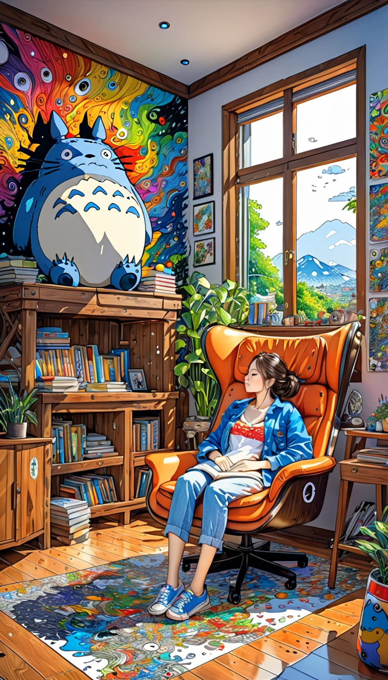 Takashi Murakami Style,(((Totoro))),study,(((Dozing off while sitting on a chair))), 8K Quality,Intense watercolor, Detailed watercolor art, Watercolor splash, Surreal, avant-garde pop art, Beautiful and expressive paintings, Beautiful artwork illustration, Very colorful tones, wonderful, Cool beauty, highest quality,Official Art, Vector art, Stylish design, ((Totoro)),(((dozing off1.9))), (((den1.9))),in the room, (((highest quality))), HDR, ((detailed)), (((Doodle Art)), ((masterpiece)), ((Super detailed)), (((Stylish))),